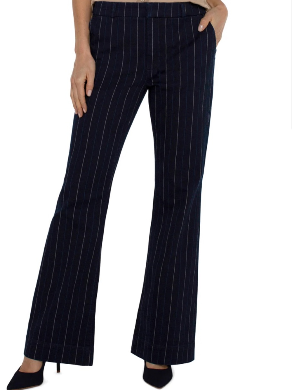 Liverpool Los Angeles, Women’s Denim Mid-Rise Flare Trouser Pinstripe Indigo